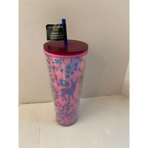 Starbucks 24oz color changing cup straw Woodland Lace creatures‎ Fox Deer Pink